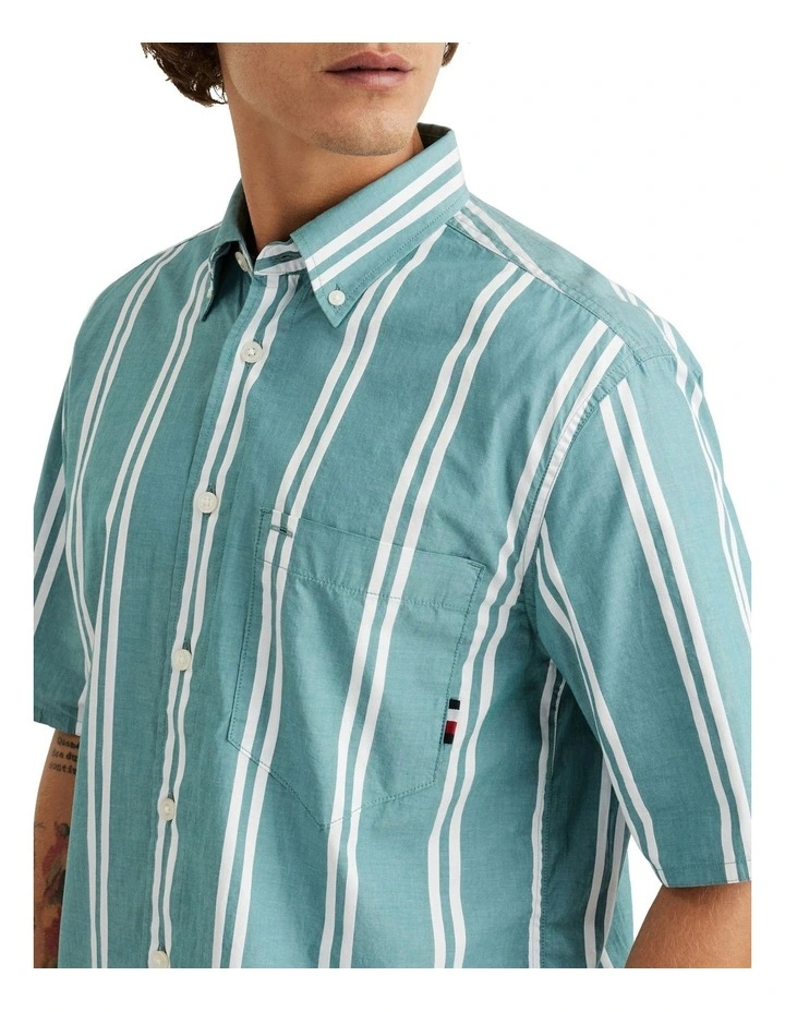 Airy Double Stripe Poplin Short Sleeve Shirt in Green image 3