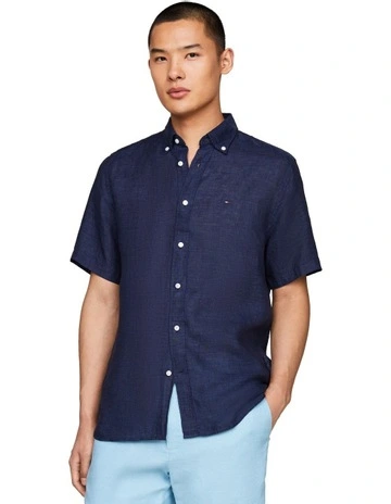 Short Sleeve Regular Fit Linen Shirt in Navy