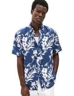Tropical Print Pure Linen Shirt in Blue