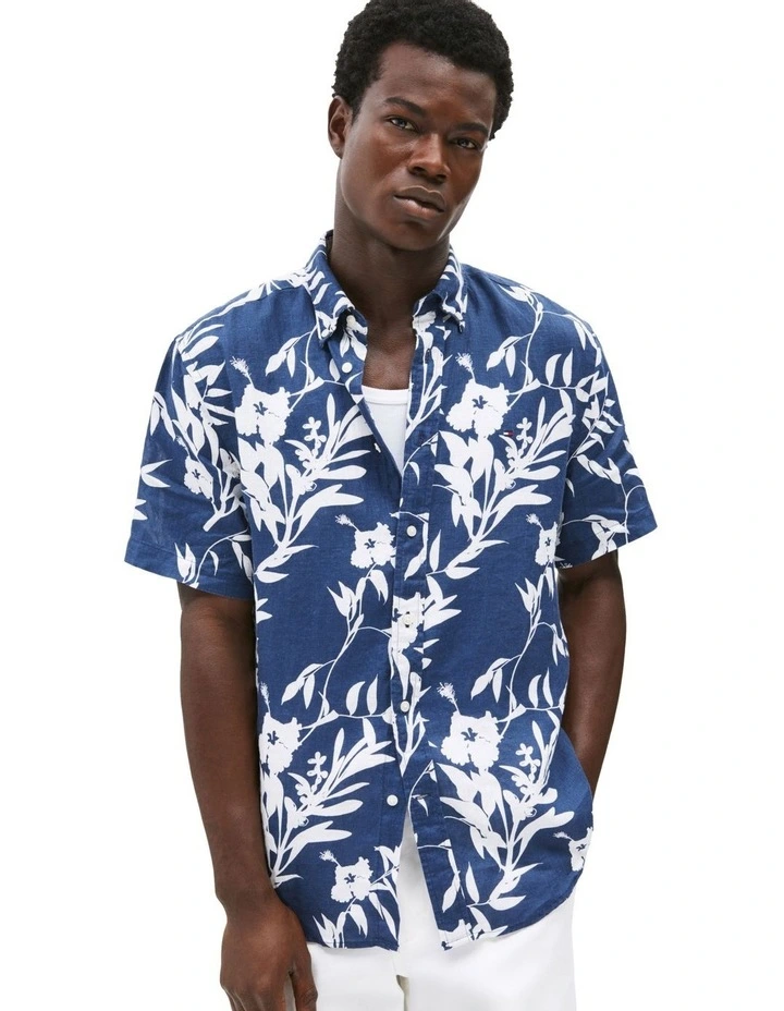 Tropical Print Pure Linen Shirt in Blue image 1
