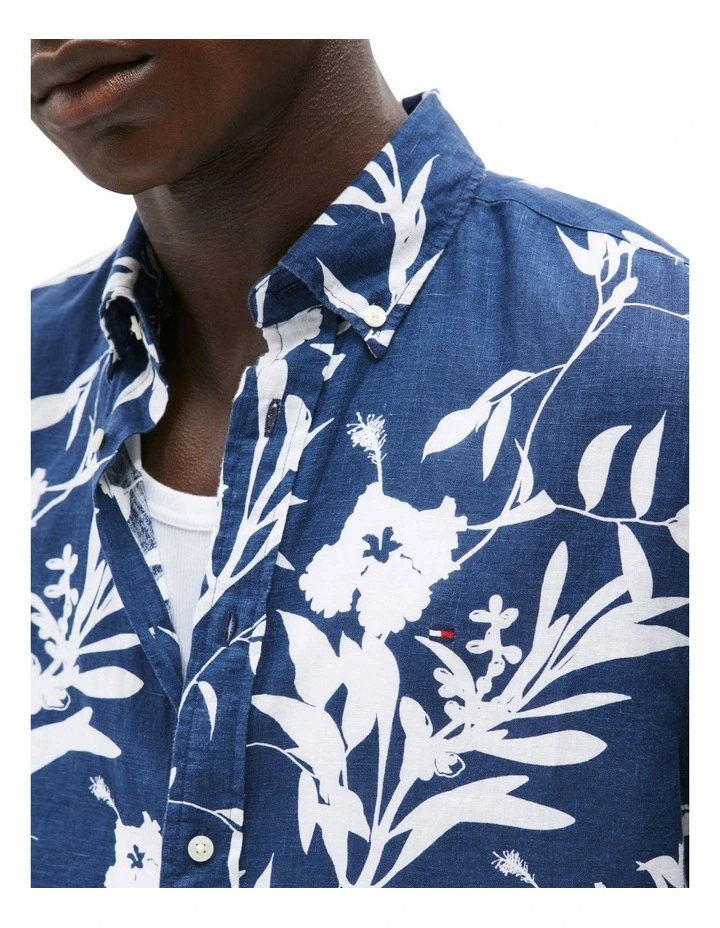 Tropical Print Pure Linen Shirt in Blue image 3