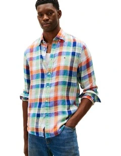 Linen Summer Madras Shirt in Orange
