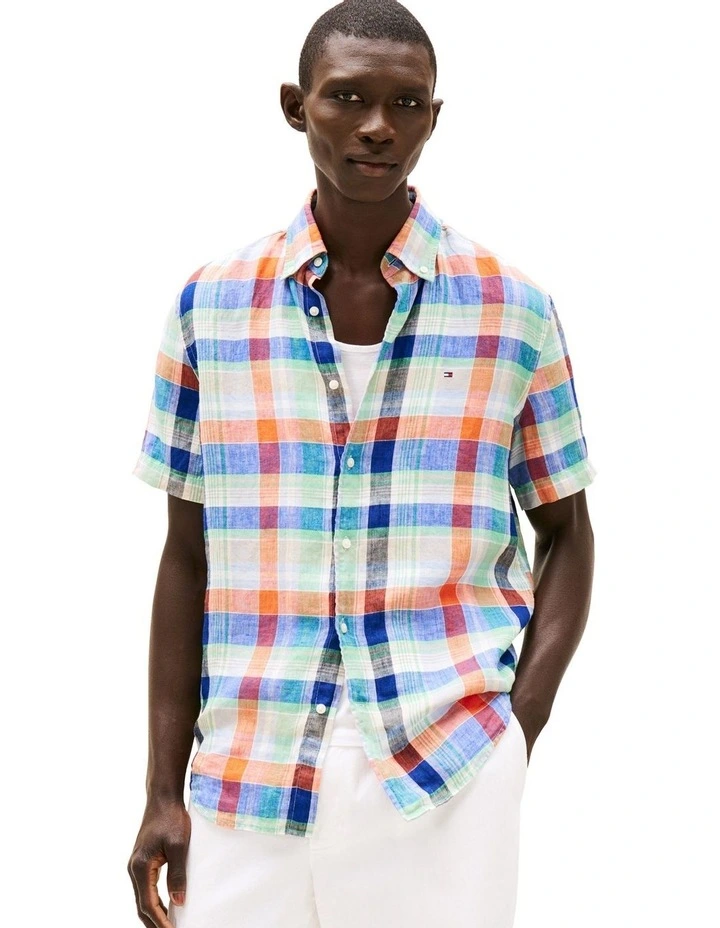 Linen Summer Madras Shirt in Orange image 1