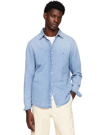 Flag Embroidery Denim Shirt in Malibu Blue