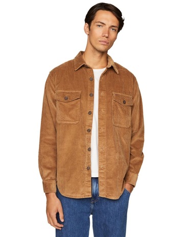 Embroidery Relaxed Corduroy Overshirt in Khaki