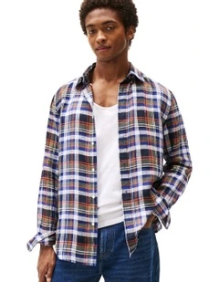 Regular Fit Check Pure Linen Shirt in Blue