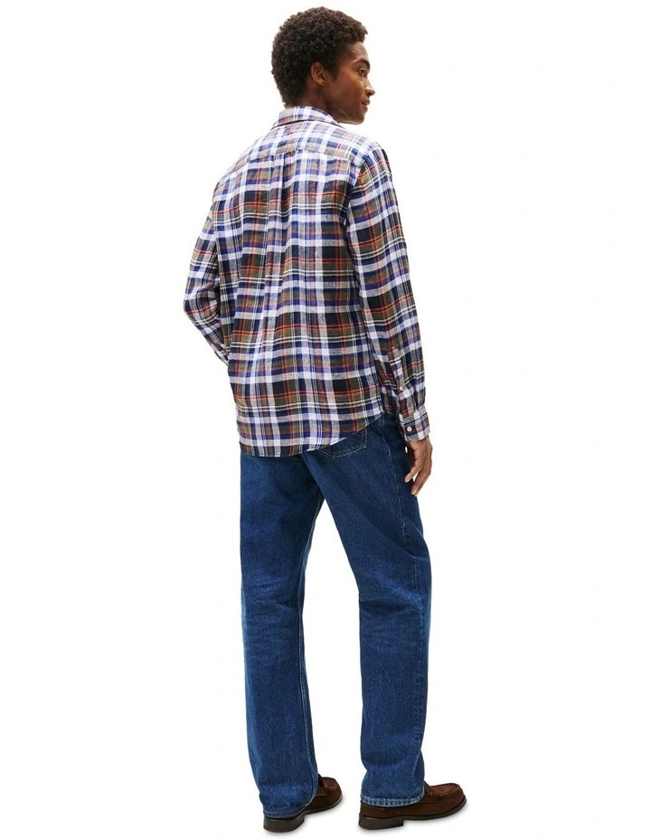 Regular Fit Check Pure Linen Shirt in Blue image 2