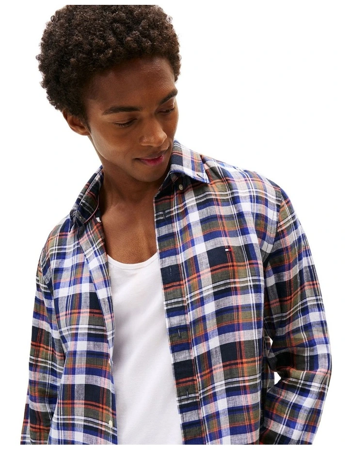 Regular Fit Check Pure Linen Shirt in Blue image 3