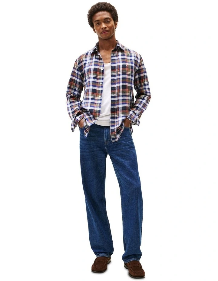Regular Fit Check Pure Linen Shirt in Blue image 4