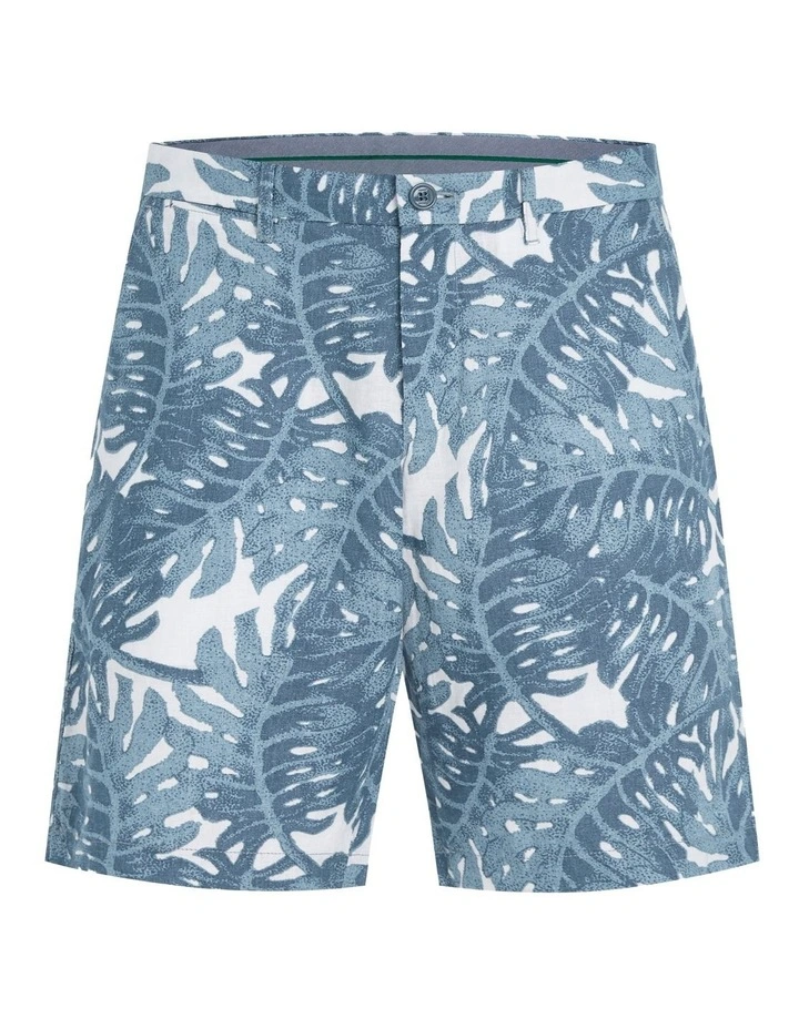 Harlem Tropical Print Skinny Linen Shorts in Blue image 6