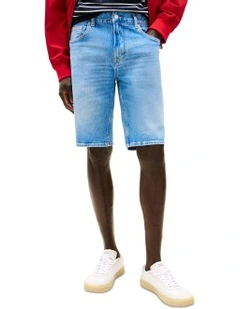 Whiskered Slim Denim Shorts in Blue