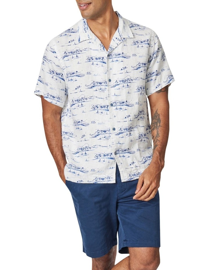 Capri Short Sleeve Linen Print Shirt in White/Blue