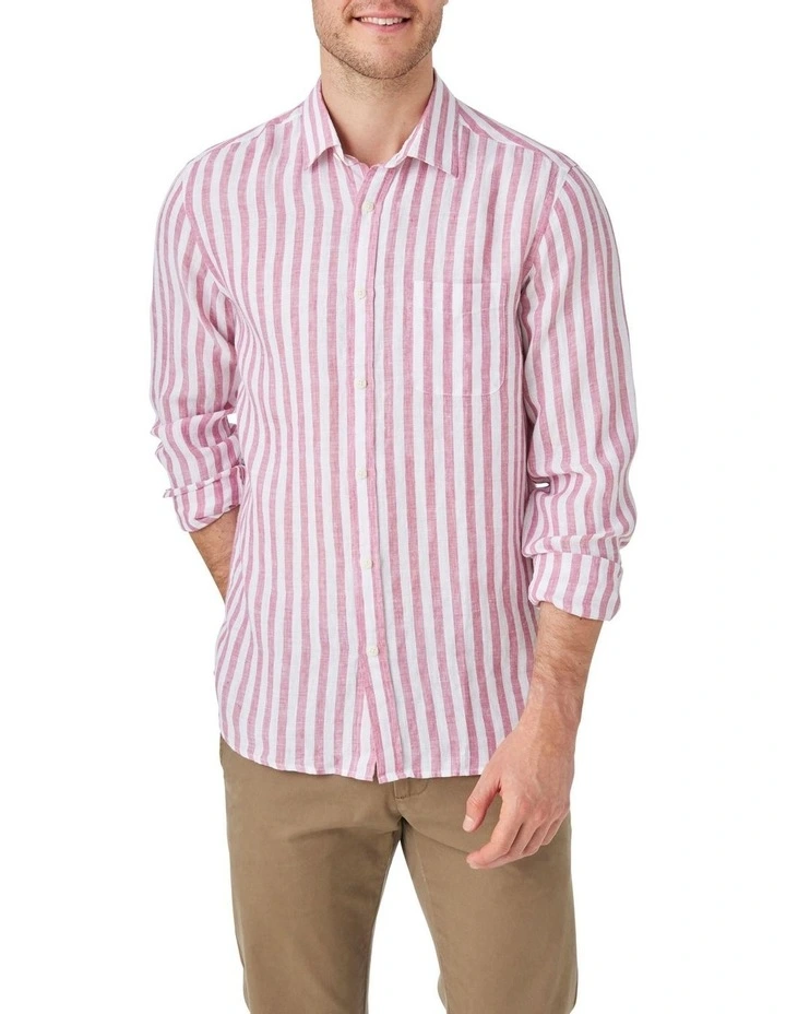 Sicily Long Sleeves Linen Stripe Shirt in Red image 1