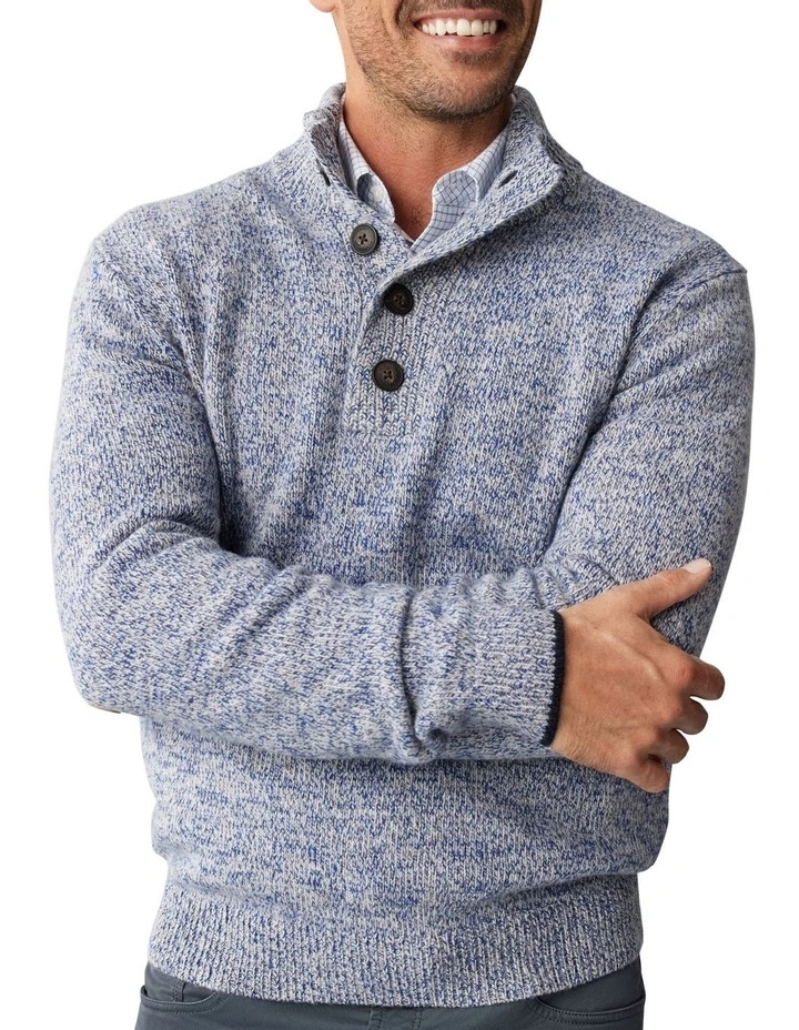 Wool Blend Button Neck Knit in Denim image 1