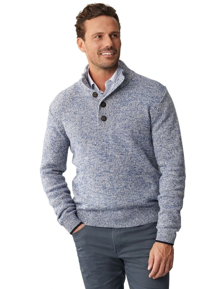 Wool Blend Button Neck Knit in Denim image 5