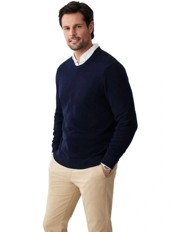 Cotton Textured Crew Knit in Navy