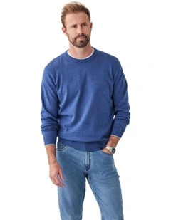 Cotton Crew Neck Knit Swater in Denim
