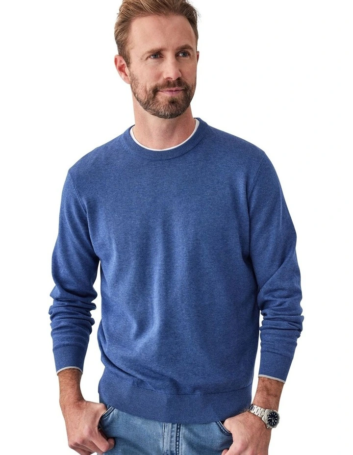 Cotton Crew Neck Knit Swater in Denim image 3