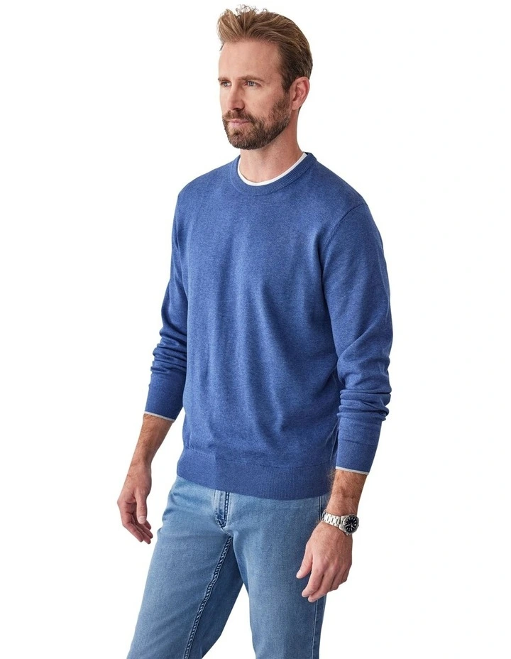 Cotton Crew Neck Knit Swater in Denim image 4