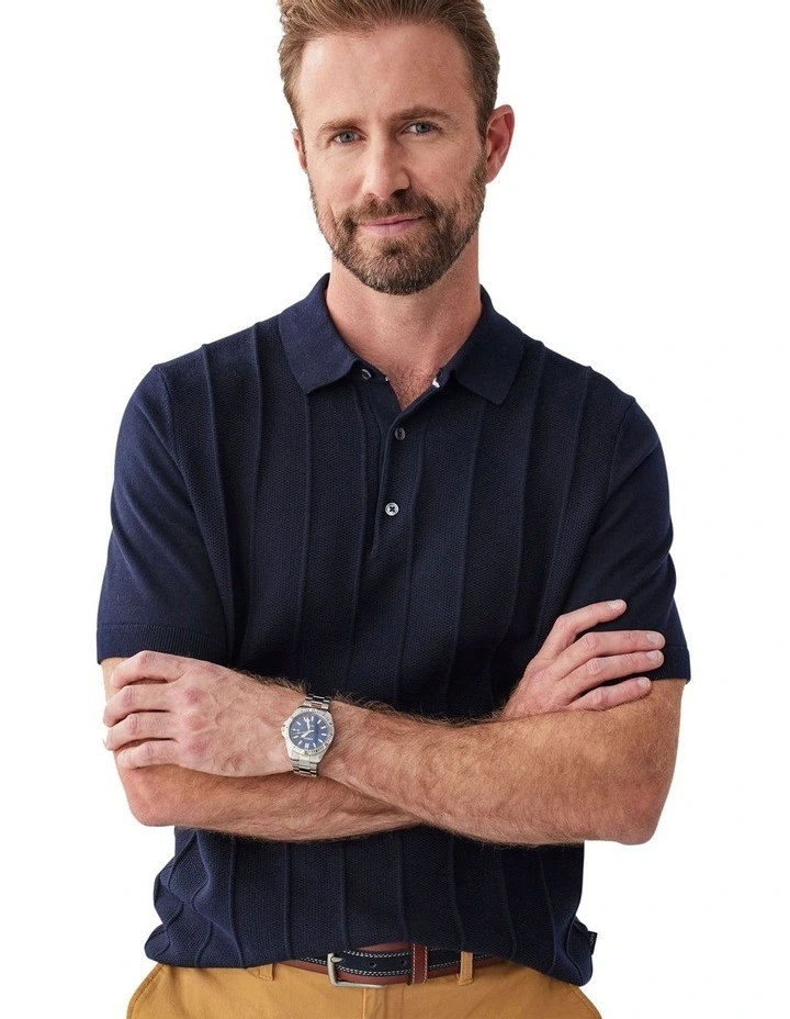 Textured Knit Polo Shirt in Navy image 3