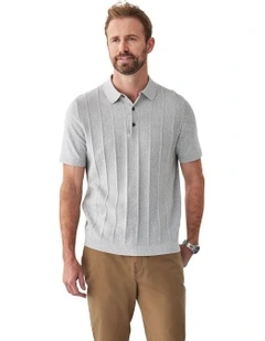 Textured Knit Polo Shirt in Grey Marle
