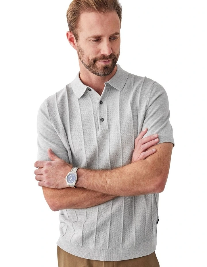 Textured Knit Polo Shirt in Grey Marle image 3