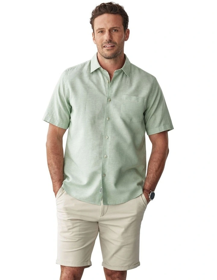 Linen Blend Plain Short Sleeve Shirt in Sage image 1