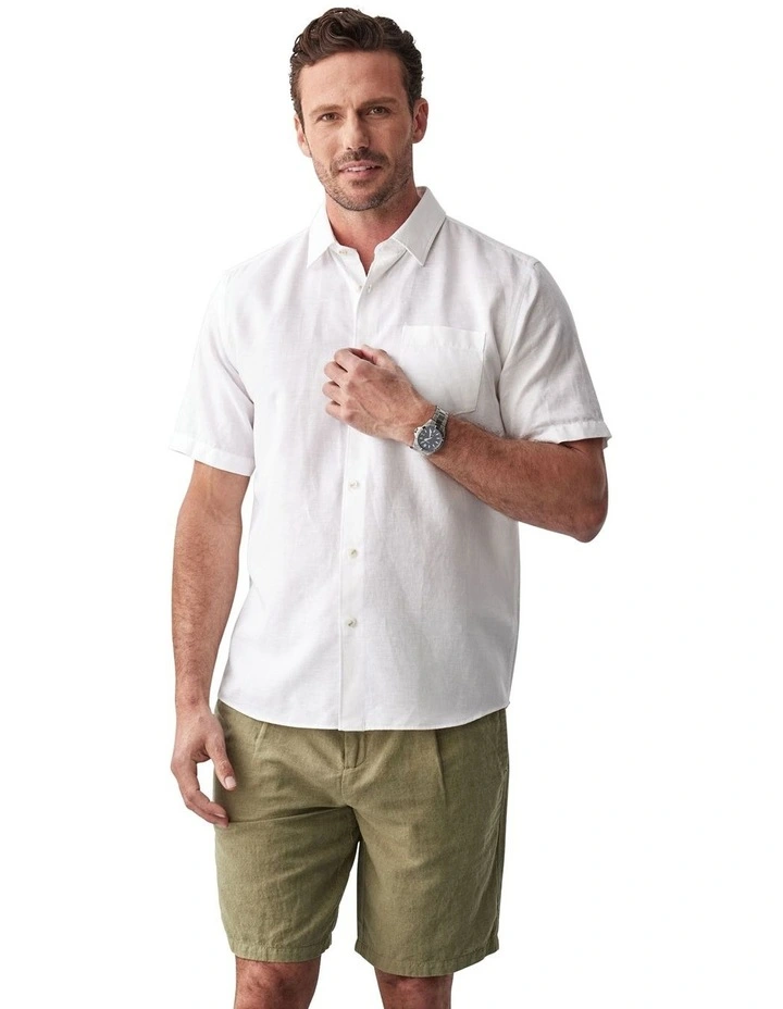 Linen Blend Plain Short Sleeve Shirt in White image 1