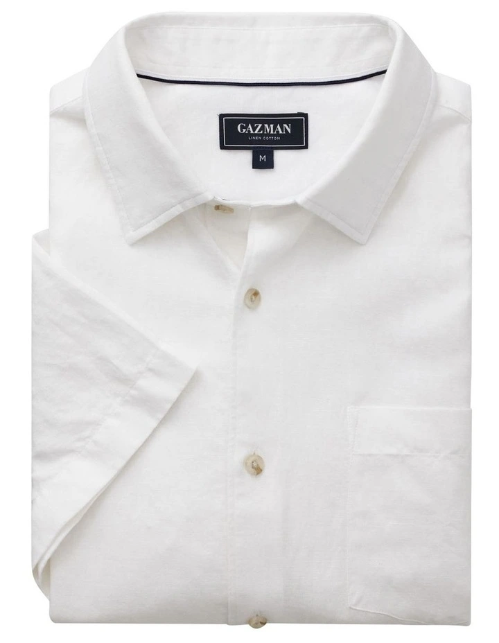Linen Blend Plain Short Sleeve Shirt in White image 3