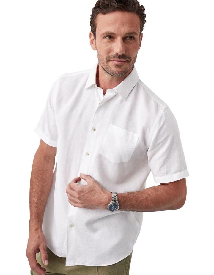 Linen Blend Plain Short Sleeve Shirt in White image 4