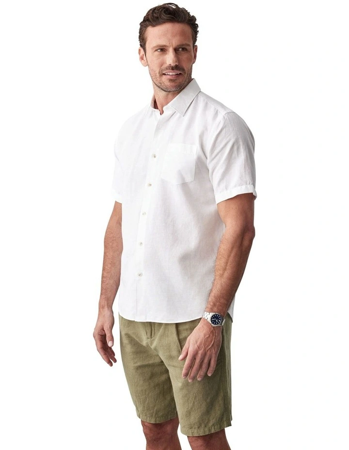 Linen Blend Plain Short Sleeve Shirt in White image 5