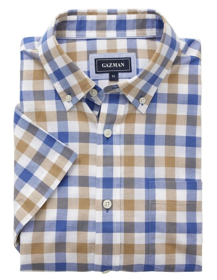 Casual Oxford Check Short Sleeve Shirt in Natural image 3
