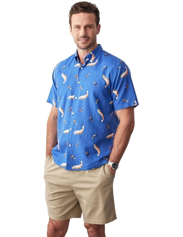 Linen Blend Fish Print Short Sleeve Shirt in Blue image 1