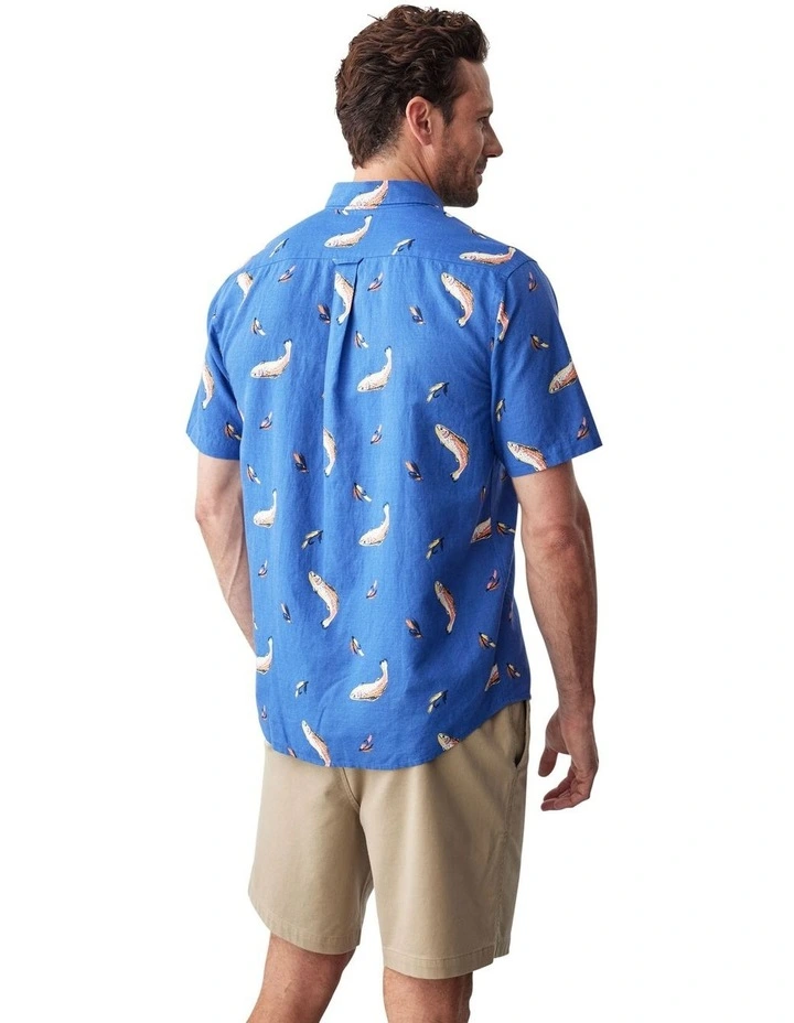 Linen Blend Fish Print Short Sleeve Shirt in Blue image 2