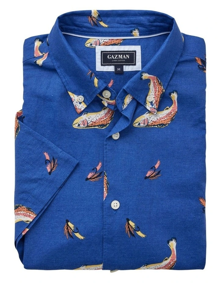 Linen Blend Fish Print Short Sleeve Shirt in Blue image 3
