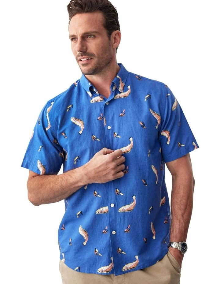 Linen Blend Fish Print Short Sleeve Shirt in Blue image 4
