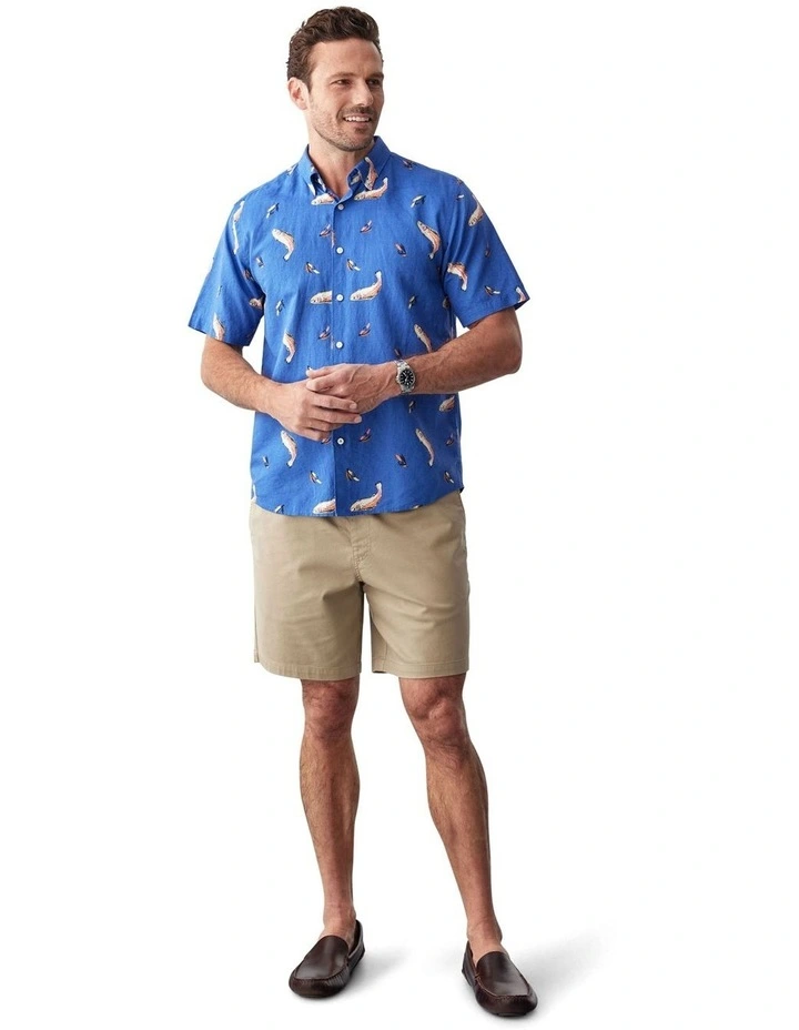Linen Blend Fish Print Short Sleeve Shirt in Blue image 5