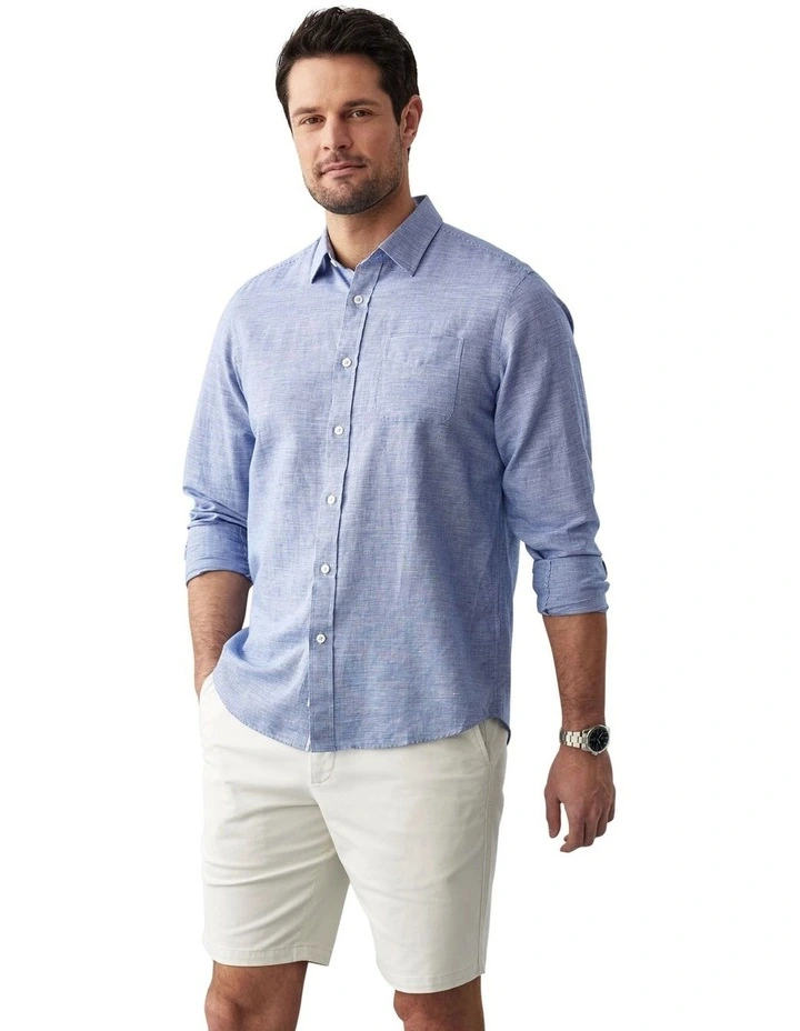 Linen Blend Houndstooth Long Sleeve Shirt in Navy image 1
