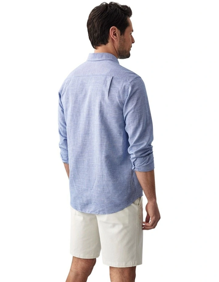 Linen Blend Houndstooth Long Sleeve Shirt in Navy image 2