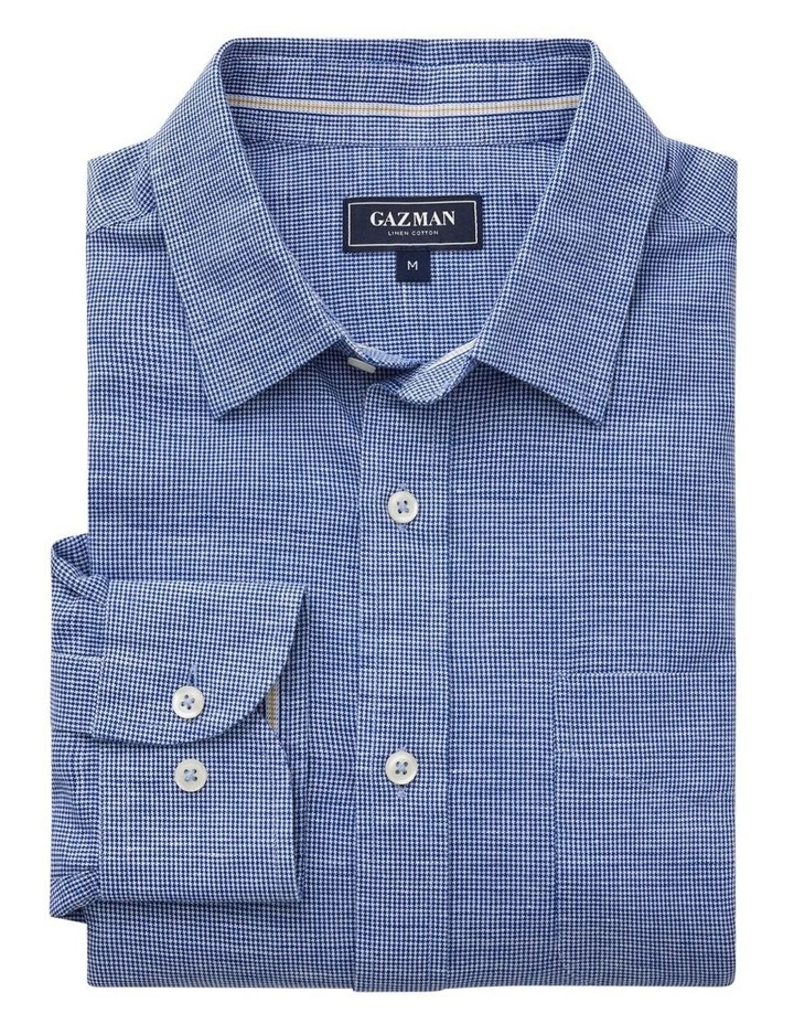 Linen Blend Houndstooth Long Sleeve Shirt in Navy image 3