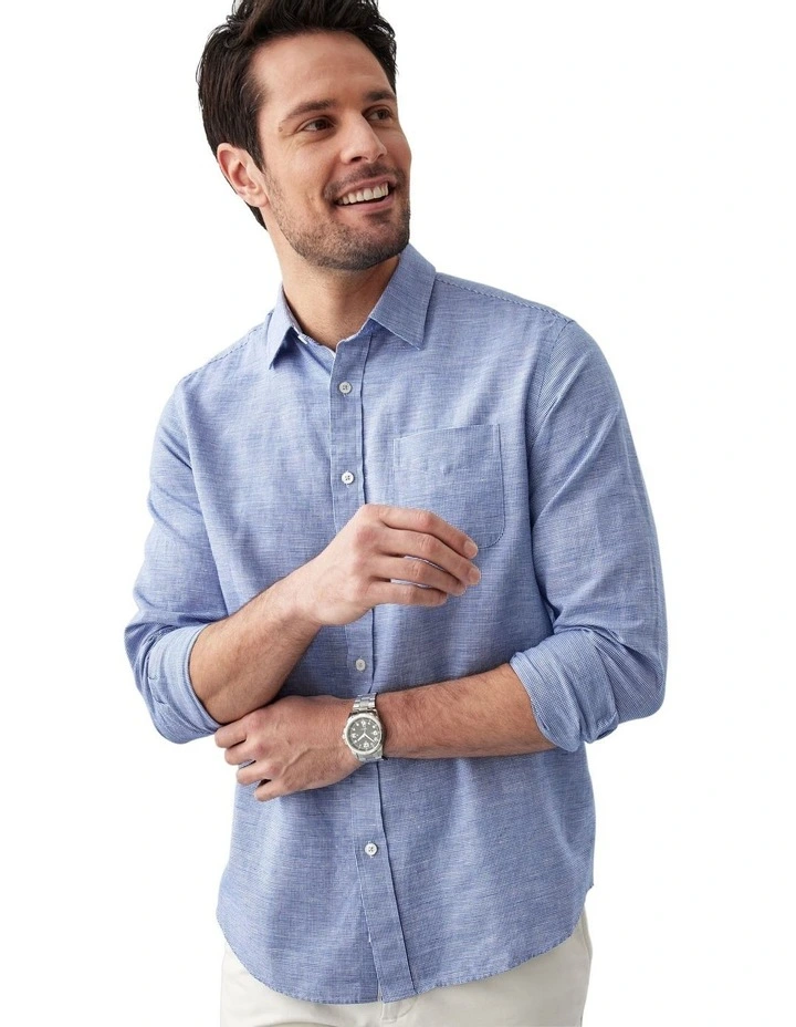 Linen Blend Houndstooth Long Sleeve Shirt in Navy image 4