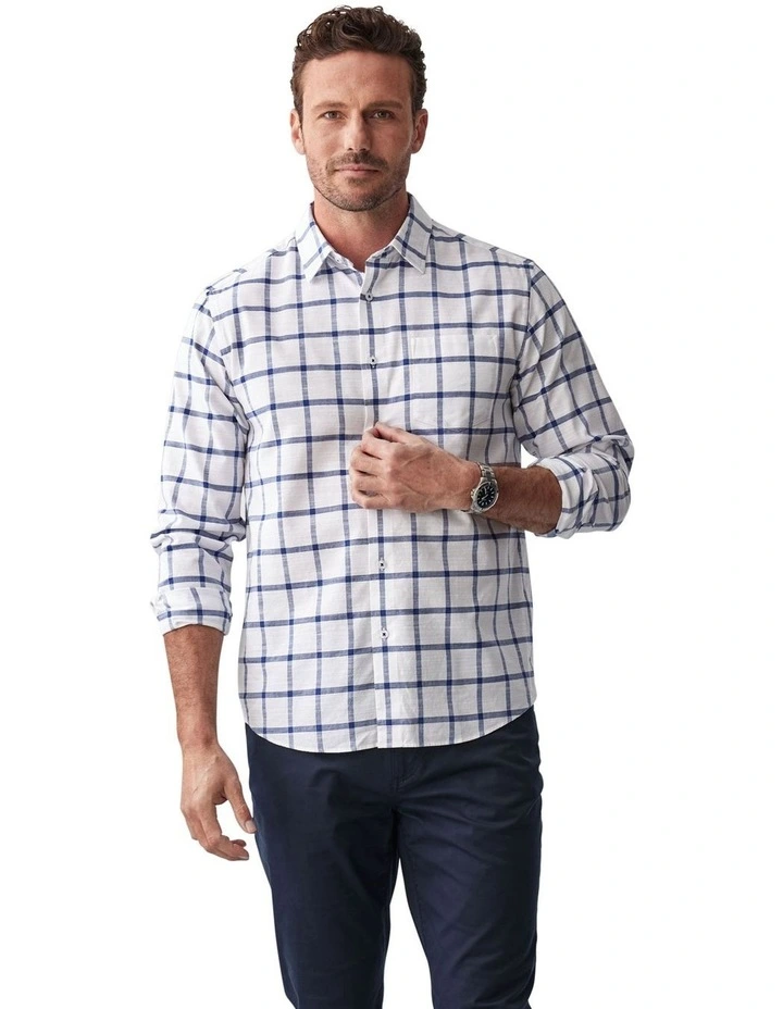 Casual Windowpane Check Long Sleeve Shirt in White image 1