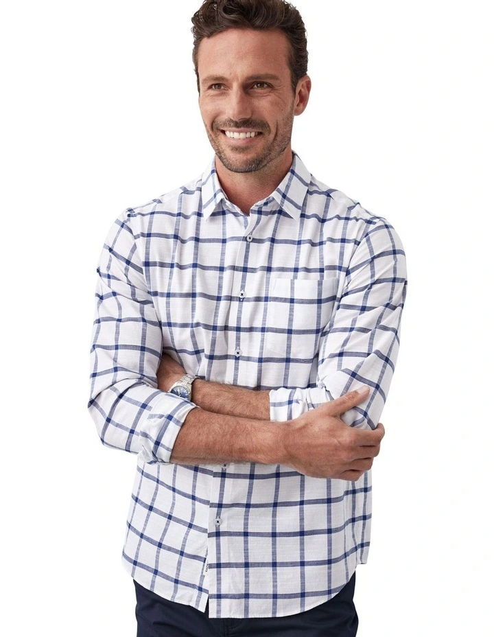 Casual Windowpane Check Long Sleeve Shirt in White image 4