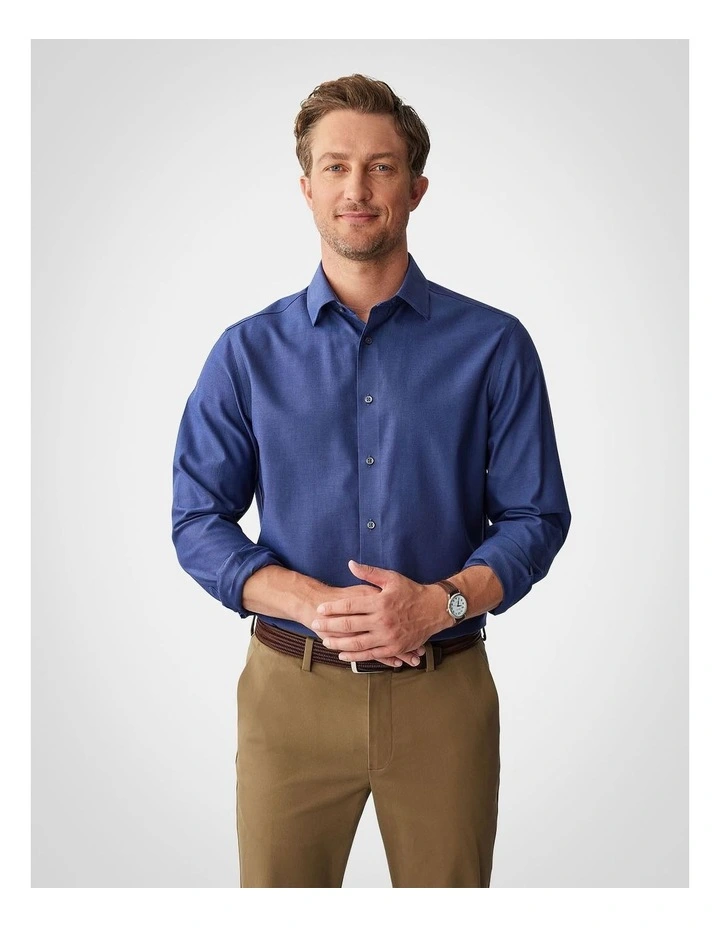 Non Iron Dobby Plain Long Sleeve Shirt in Navy image 1