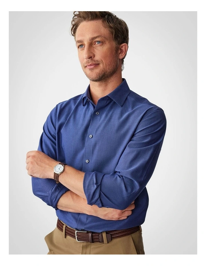 Non Iron Dobby Plain Long Sleeve Shirt in Navy image 4