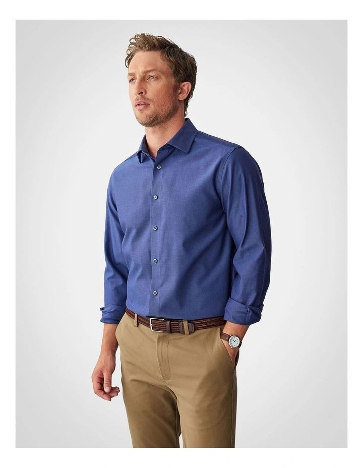 Non Iron Dobby Plain Long Sleeve Shirt in Navy image 5