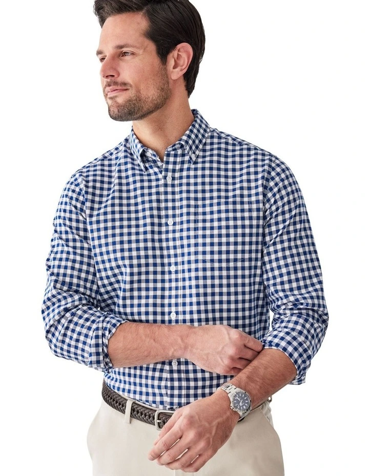 Easy Care Oxford Gingham Long Sleeve Shirt in Navy image 3