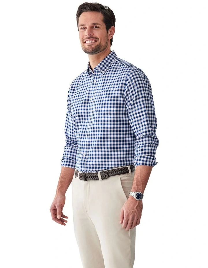 Easy Care Oxford Gingham Long Sleeve Shirt in Navy image 4