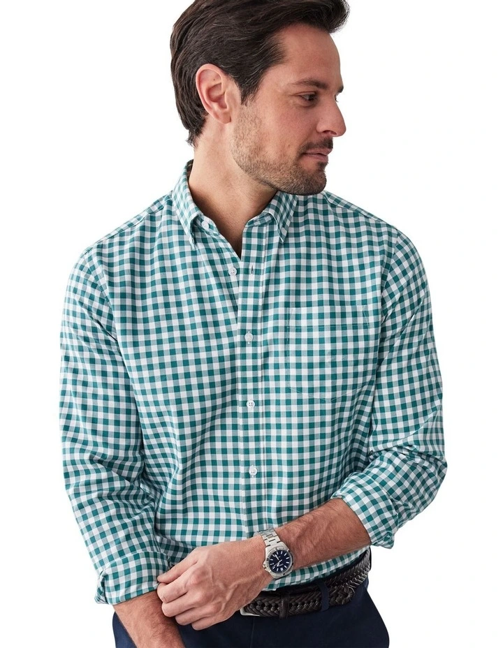 Easy Care Oxford Gingham Long Sleeve Shirt in Green image 3