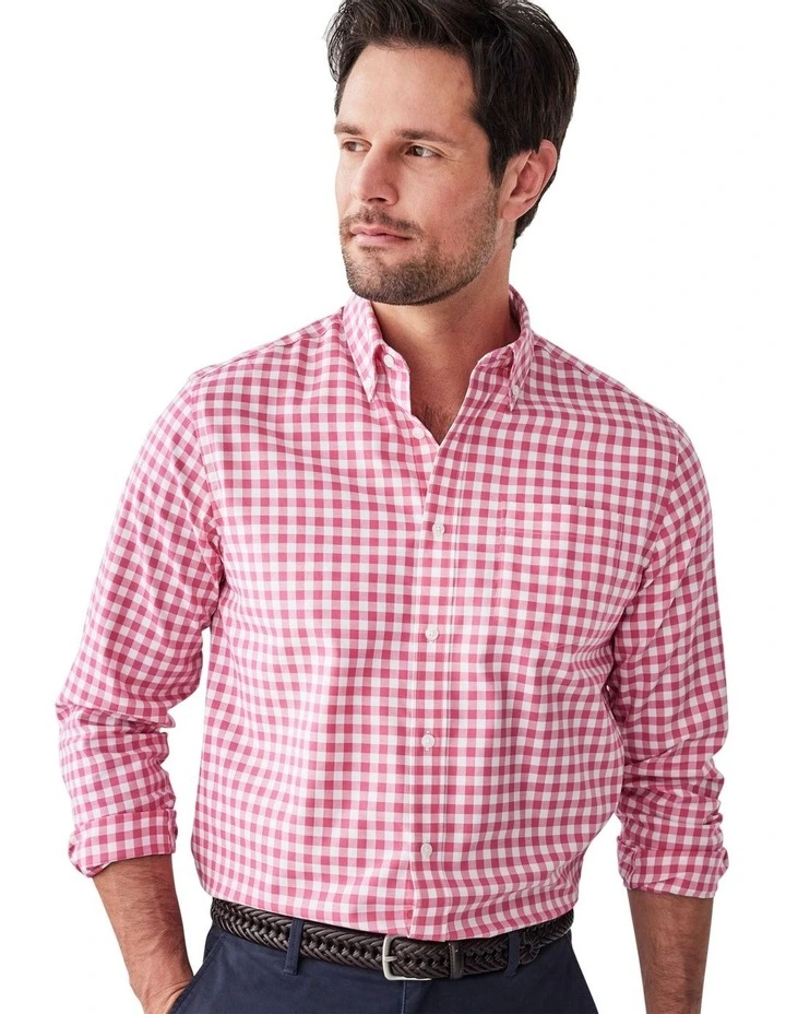 Easy Care Oxford Gingham Long Sleeve Shirt in Fuschia image 3